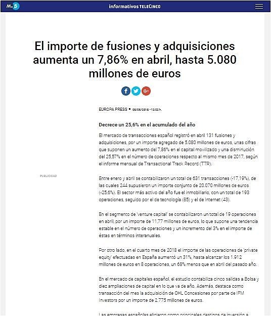 El importe de fusiones y adquisiciones aumenta un 7,86% en abril, hasta 5.080 millones de euros